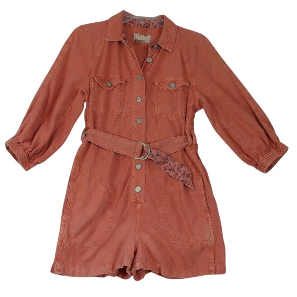Pilcro and the Letterpress Coral Linen Blend Belted Utility Romper Small Womens